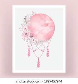 Watercolor full moon in bright pink with flower