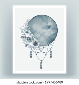 Watercolor full moon in cadet blue with flower