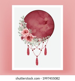 Watercolor full moon in red burgundy with flower