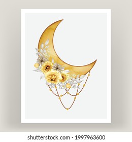 Watercolor Full Moon Yellow Shade With Rose Flower