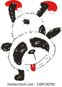 Watercolor with a funny cartoon panda, which is naughty and stands on the paws upside down. Illustration executed in vector, traditional chinese style, isolated on white background.