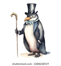 Watercolor funny penguin illustration. Penguin watercolor bird isolated on white background. A penguin wearing a top hat and holding a cane