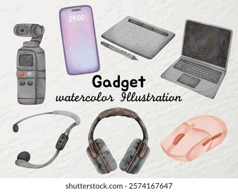 Watercolor Gadget Illustration: Hand-painted technology set featuring smartphone, gimbal camera, drawing tablet, stylus pen, laptop, headset, headphones, and mouse.