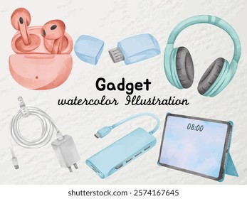 Watercolor Gadget Illustration: Pastel-themed tech essentials including wireless earphones, USB adapters, charger cable, docking hub, tablet stand, and over-ear headphones in hand-painted style.