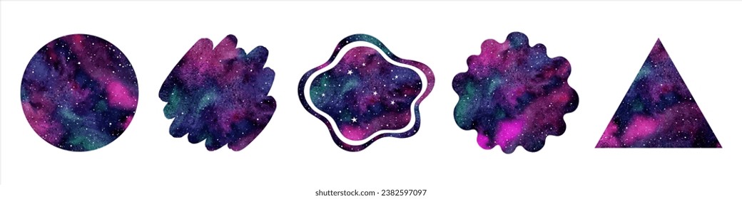 Watercolor galaxy, space, cosmic backgrounds set. Colorful shapes collection - circle, brush stroke, liqiud rounded texture, triangle. Text frame starry night sky templates, aquarelle elements.