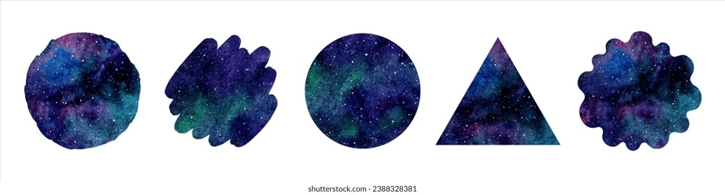Watercolor galaxy, space, cosmic backgrounds set. Vector shapes collection - circle, brush stroke, liqiud rounded texture, triangle. Black, blue stains. Starry night frame, aquarelle sky templates.