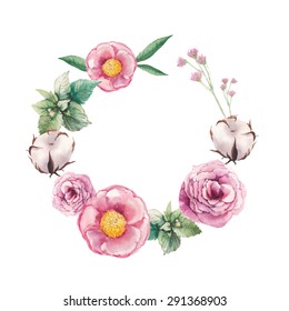 Watercolor garden floral wreath. Hand drawn vintage collage frame with roses, mint leaves, peony, cotton flower and small field flowers. Vector frame design