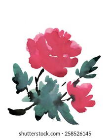 Watercolor garden flower isolated on white background, Japanese style vector illustration