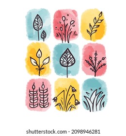 Watercolor Garden Flower Set. Vector Illustration of Hand Drawn Plants Doodles.