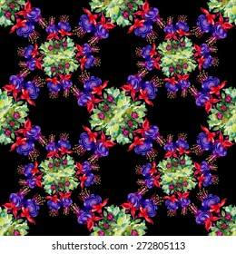 Watercolor garden flowers bouquet seamless pattern on black background vector illustration