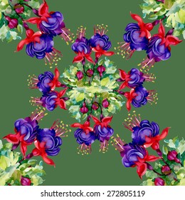 Watercolor garden flowers bouquet seamless pattern on green background vector illustration