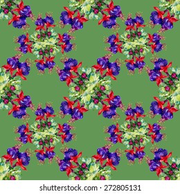 Watercolor garden flowers bouquet seamless pattern on green background vector illustration