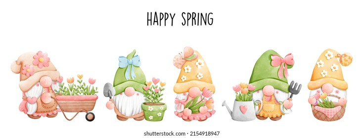 Watercolor Garden Gnome, Spring Gnome Vector Illustration
