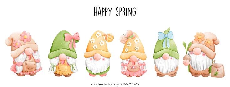 Watercolor garden gnome, spring gnome Vector illustration
