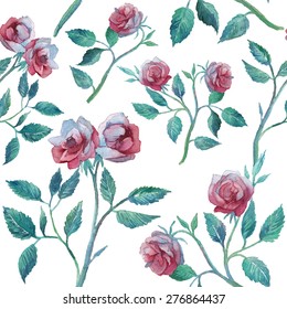 Watercolor garden roses branches pattern. Seamless hand drawn vintage texture with floral elements. Vector wallpaper with flowers and leaves on white background