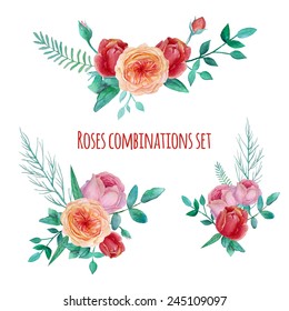 Watercolor garden roses combinations. Set of floral posies with english roses, plants and  branches. Vector hand drawn illustration