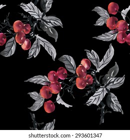 Watercolor garden rowan plant seamless pattern on black background vector illustration