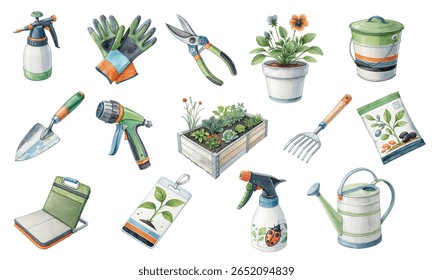 Watercolor garden set featuring tools, gloves, watering can, plants, and accessories. Perfect for gardening blogs, planners, cards, posters, product packaging, and digital creative projects.