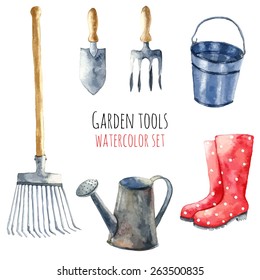 Watercolor Garden Tools Set.