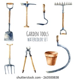 Watercolor garden tools set.