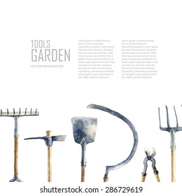 Watercolor garden tools set. Vector hand drawn illustrations: garden rake, sickle, knocker, pliers, garden forks, garden shovel.   Garden furniture objects isolated on white background.