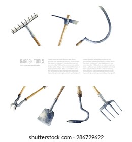 Watercolor garden tools set. Vector hand drawn illustrations: garden rake, sickle, knocker, pliers, garden forks, garden shovel.   Garden furniture objects isolated on white background.