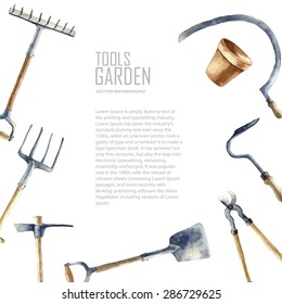 Watercolor garden tools set. Vector hand drawn illustrations: garden rake, sickle, knocker, pliers, garden forks, garden shovel and flower pot.  Garden furniture objects isolated on white background.
