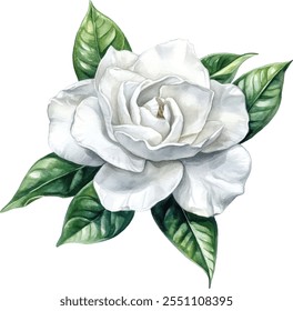 Watercolor gardenia bloom illustration. Hand-painted pure white petals with a smooth, waxy texture, isolated on a white background.