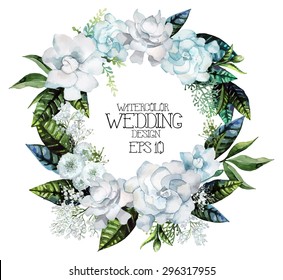 Watercolor gardenia and gypsophila wreath. Vector wedding design