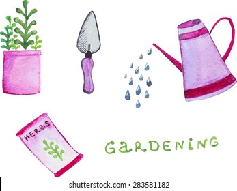 Watercolor gardening set. Vector illustration