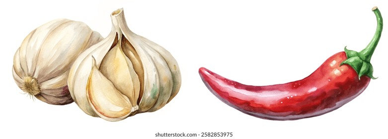 Watercolor garlic illustration, vibrant red chili pepper, fresh vegetables, culinary art, food design, organic ingredients.