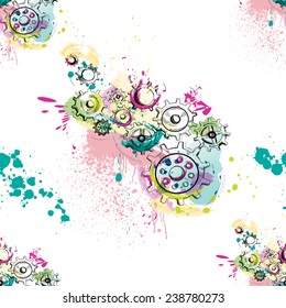 Watercolor gears seamless pattern on white background. Vector