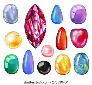 Watercolor gems collection isolated on white background, vector illustration