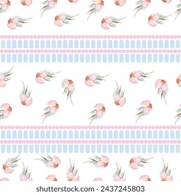Watercolor and geometric pattern design. Vector design with pink flowers and shapes.
