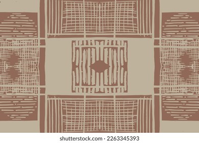 Watercolor Geometric Pattern. Geometry Texture. Ceramic Floral Tile. Vector Seamless Illustration. Beige Artistic Ethnic Boho Print. Earthy Tones Decorative Psychedelic Geo. Bohemian Ethnic Print.