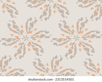 Watercolor Geometric Pattern. Symmetry Pattern. Ceramic Floral Tile. Vector Seamless Ornament. Orange Artistic Flowers Print. Beige Decorative Psychedelic Geo. Bohemian Ethnic Boho Print.