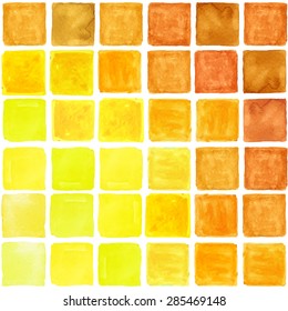 Watercolor geometric seamless pattern.Colorful modern abstract summer  background,texture.Square tile.Natural Yellow,brown gradient colors.Wallpaper,backdrop,fabric,mosaic.
