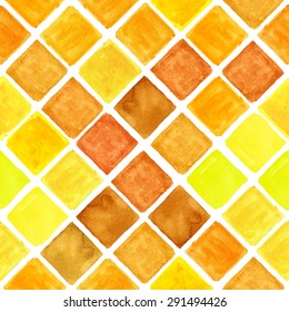 Watercolor geometric seamless pattern.Colorful modern abstract summer  background with  rhombus,square tile.Natural Yellow,brown colors.Wallpaper,backdrop,fabric,mosaic.