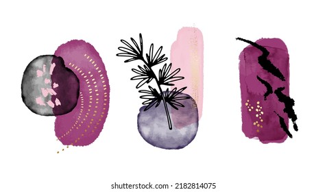 Formas geométricas de color de agua conjunto vectorial fondo de pintura orgánica diseño violeta, banner minimalista 