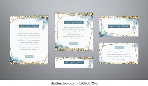 Watercolor geometric templates. Abstract gold polygonal geometric frames. Set vector holiday backgrounds in blue and gold colors for banners, flyer, invitation, greeting card