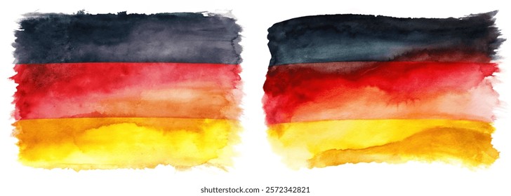 Watercolor German flag, vibrant colors, artistic design, abstract background, patriotic theme, creative expression.