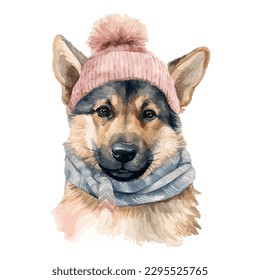 Watercolor German Sheperd Dog With Cotton Hat, and Scarf