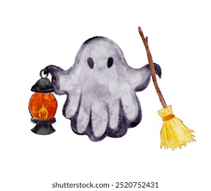 Watercolor ghost holding a lantern and broom in a whimsical Halloween illustration