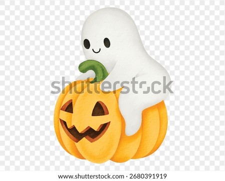 Watercolor ghost sitting on pumpkin Halloween clipart vector.