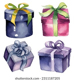 Watercolor Gift Box With Bow. Isolated Festive Illustration.