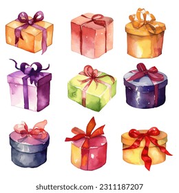 Watercolor Gift Box With Bow. Isolated Festive Illustration.