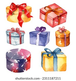 Watercolor Gift Box With Bow. Isolated Festive Illustration.