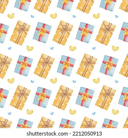 Watercolor gift boxes Seamless Pattern, Christmas Vector Illustration Background
