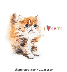 Watercolor ginger kitten. Greeting card. Vector illustration.