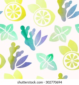 Watercolor ginger, lemon and peppermint seamless background